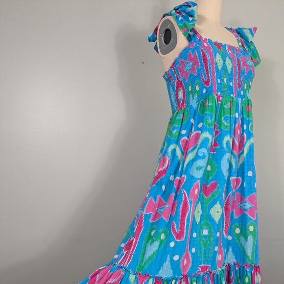 Crown Ivy Maxi Dress XL Blue Pink Ikat Smocked Tie Tiered Swiss Dot Beach Preppy - Picture 7 of 14